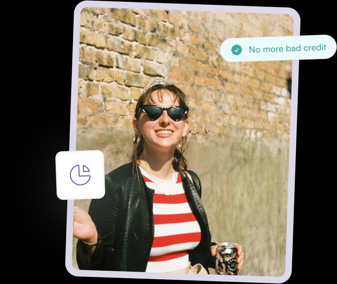 Woman with sunglasses showing no more bad credit notification